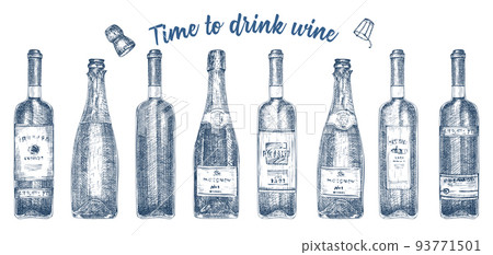 Set hand drawn sketch glasses bottle red wine, champagne on white background. Vintage vector design for bar, restaurant, cafe menu Engraving art for flyer, banner, poster Set hand drawn sketch glasses bottle red wine, champagne on white background. Vintage vector design for bar, restaurant, cafe menu Engraving art for flyer, banner, poster 93771501