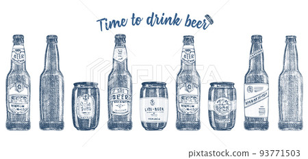 Set hand drawn sketch glasses bottle beer on white background. Vintage design for bar, restaurant, cafe menu Graphic Engraving art for flyer, banner, poster Time to alcohol drinks Set hand drawn sketch glasses bottle beer on white background. Vintage design for bar, restaurant, cafe menu Graphic Engraving art for flyer, banner, poster Time to alcohol drinks 93771503
