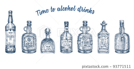 Set hand drawn sketch glasses bottle alcoholic drinks on white background Vintage vector design for bar, restaurant, cafe menu Engraving art style for flyer, banner, poster 93771511