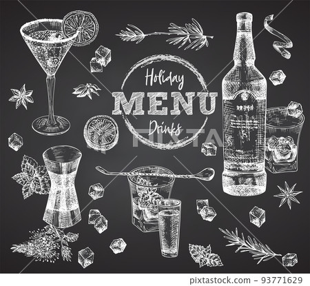 Set bottles Whiskey, vodka, cocktail, rosemary, mint citrus, ice, sugar on black chalk board background Vintage hand drawn sketch design bar, restaurant, cafe menu, flyer, banner, poster 93771629