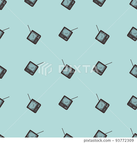 Retro TV with antenna engraved seamless pattern. Vintage television in hand drawn style. 93772309