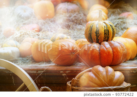decoration in the shop with pumpkins. autumn background 93772422