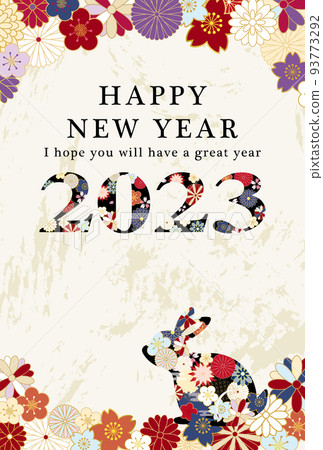 Year of the Rabbit 2023 New Year's card template with Japanese-style floral characters 93773292