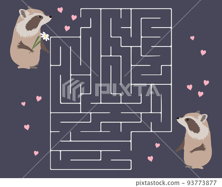 Educational maze for kids, cute love raccoons and hearts. Illustration, vector 93773877