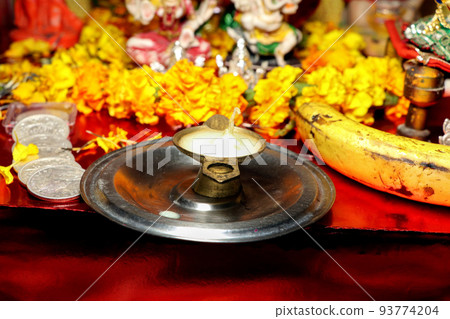 Pooja Material / Puja Sahitya in Hindu Religion from India, arranged in a group. selective focus 93774204