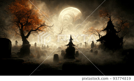 3D illustration of a Halloween concept dark background of a castle and graveyard. Horror background In foggy weather. Happy Halloween 3D illustration of a Halloween concept dark background of a castle and graveyard. Horror background In foggy weather. Happy Halloween 93774819