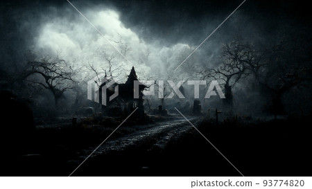 3D illustration of a Halloween concept dark background of a castle and graveyard. Horror background In foggy weather. Happy Halloween 3D illustration of a Halloween concept dark background of a castle and graveyard. Horror background In foggy weather. Happy Halloween 93774820