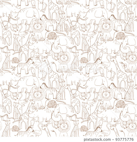 Beautiful seamless baby pattern with cute hand drawn safari elephant lion giraffe toucan zebra monkey flamingo rhino parrot snake jaguar animals. Stock illustration. Beautiful seamless baby pattern with cute hand drawn safari elephant lion giraffe toucan zebra monkey flamingo rhino parrot snake jaguar animals. Stock illustration. 93775776