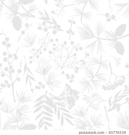 Winter christmas seamless pattern with twigs, berries, and leaves of plant isolated on white background. Hand-drawn vintage sketch botanical illustration Engraving style Flat color vector 93776539