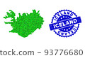 Rosette Rubber Stamp Seal And Green Vector Triangle Filled Iceland Map mosaic 93776680