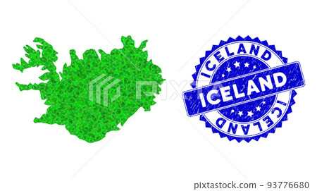 Rosette Rubber Stamp Seal And Green Vector Triangle Filled Iceland Map mosaic 93776680