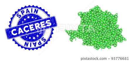 Rosette Rubber Stamp and Green Vector Polygonal Caceres Province Map mosaic 93776681