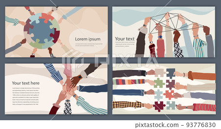 Group of multicultural business people holding a piece of jigsaw.Colleagues of diverse ethnic groups and cultures. Cooperate - collaborate. Teamwork concept. Banner - Template - Poster 93776830