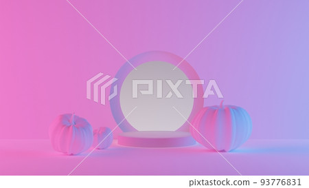 Halloween scene with pumpkins and podium platform with neon lights. Halloween background 3d rendering. Stand to show products. Stage showcase on pedestal. Halloween scene with pumpkins and podium platform with neon lights. Halloween background 3d rendering. Stand to show products. Stage showcase on pedestal. 93776831