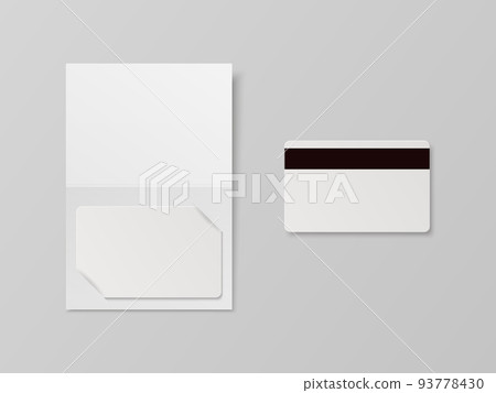 Vector 3d Realistic White Guest Room, Plastic Hotel Apartment Keycard, ID Card, Sale, Credit Card with Magnetic Strip. Design Template with Paper Cover Case, Wallet for Mockup, Branding. Top View 93778430
