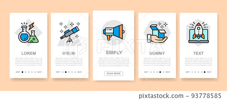 Set of Start up vertical banners. Time management, idea generation, presentation mobile app screens with color icons. Set of Start up vertical banners. Time management, idea generation, presentation mobile app screens with color icons. 93778585
