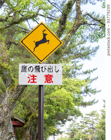 路標。這個標誌（警告標誌）是一個補充標誌，上面寫著“有動物跳出的危險”和“小心鹿跳出”。 93779289