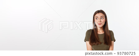 Portrait of a beautiful young woman looking at the camera and smiling, isolated on a white background. 93780725