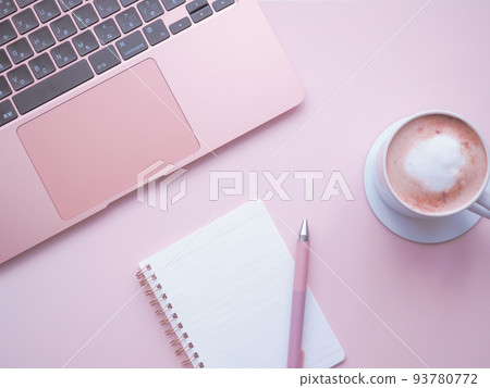 Cute PC desk image with stationery arranged on a pink background 93780772