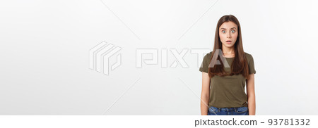 Isolated shot of speechless concerned shocked and angry woman, expressing silence and misconceptions, frightened. Isolated over grey background Isolated shot of speechless concerned shocked and angry woman, expressing silence and misconceptions, frightened. Isolated over grey background 93781332