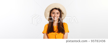 Travel concept - Close up Portrait young beautiful attractive girl wtih trendy hat and smiling. White Background. Copy space. Travel concept - Close up Portrait young beautiful attractive girl wtih trendy hat and smiling. White Background. Copy space. 93781436
