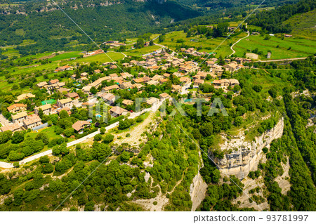 Rocky landscape with Spanish village of Tavertet, Catalonia 93781997