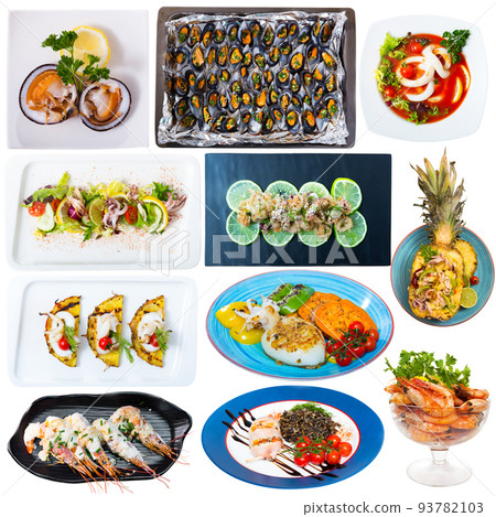 Tasty dishes with shrimps, calamari, squid and conchiglie isolated on background 93782103