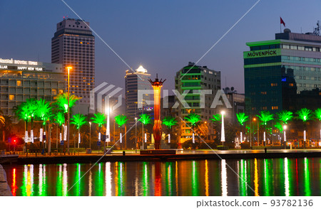 Illuminated Cumhuriyet Square along shoreline of Aegean Sea in Izmir at twilight 93782136