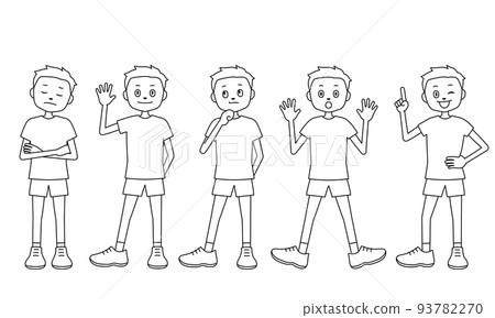 Illustrations of children (boys) with various expressions and poses (white background, vector, line drawing, clipping) 93782270