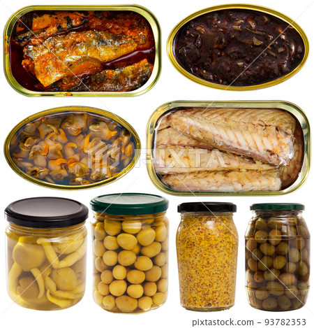 Assorted various canned goods with meat, vegetables and seafood on a white background Assorted various canned goods with meat, vegetables and seafood on a white background 93782353