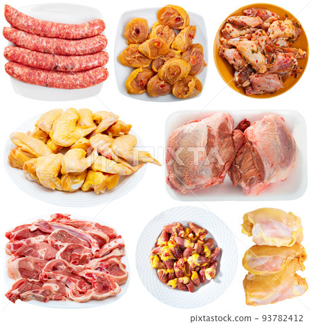 Various raw meat products isolated on white background 93782412