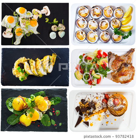 Collage of various breakfast and dinner foods on a white background Collage of various breakfast and dinner foods on a white background 93782418