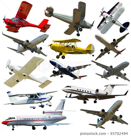 Collage of different modern airplanes 93782494