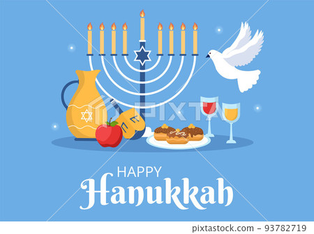 Happy Hanukkah Jewish holiday Template Hand Drawn Cartoon Flat Illustration with Menorah, Sufganiyot, Dreidel and Traditional Symbols Happy Hanukkah Jewish holiday Template Hand Drawn Cartoon Flat Illustration with Menorah, Sufganiyot, Dreidel and Traditional Symbols 93782719