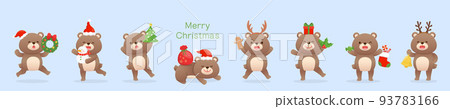 8 cute baby bear mascots, Christmas costumes and Christmas elements, happy to celebrate the festival, vector cartoon style 93783166
