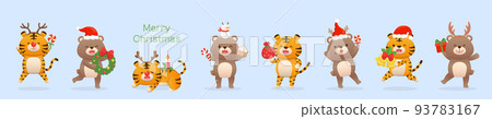 8 cute baby bears and tiger mascots, Christmas costumes and Christmas elements, happy to celebrate the festival, vector cartoon style 93783167