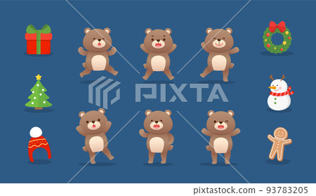 6 cute baby bear mascots, elements for christmas, christmas tree and christmas wreath with gingerbread man and snowman, vector cartoon style composition 93783205