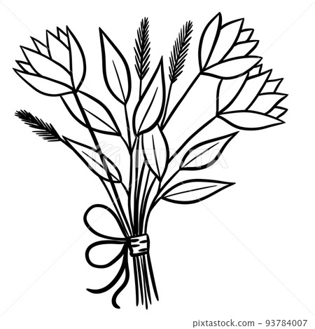 Hand drawn one black line illustration of floral flowers leaves. Elegant leaf nature composition, simple minimalist bouquet branch sketch. Isolated bloom blossom garden frame. Hand drawn one black line illustration of floral flowers leaves. Elegant leaf nature composition, simple minimalist bouquet branch sketch. Isolated bloom blossom garden frame. 93784007
