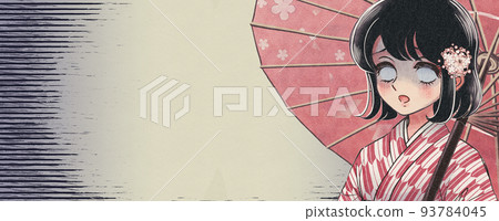 女孩卡通/插圖一個穿著和服帶雨傘的抑鬱女孩 女孩卡通/插圖一個穿著和服帶雨傘的抑鬱女孩 93784045