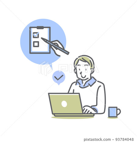 填寫表格、電腦工作、簡單時尚的線條畫插圖的男人 93784048