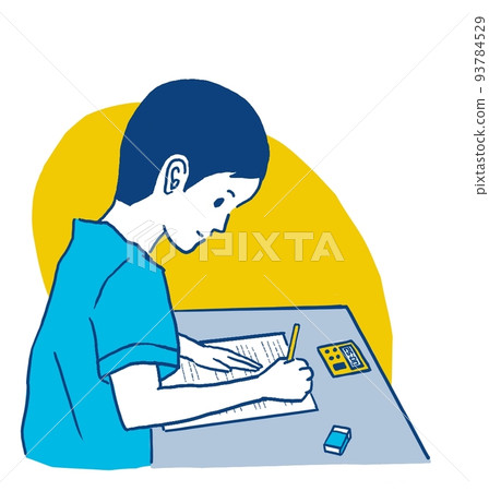 Boy concentrating on studying, timer 93784529