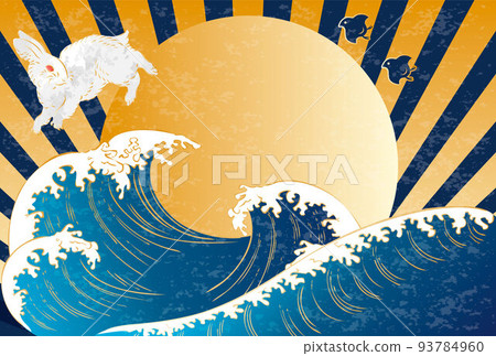 新年賀卡2023框架背景海兔兔年兔日畫浮世繪手繪新年日式插畫素材 93784960