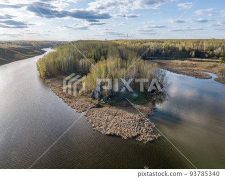 Confluence of the Iset and Kamenka rivers in the city Kamensk-Uralskiy. Iset and Kamenka rivers, Kamensk-Uralskiy, Sverdlovsk region, Ural mountains, Russia. Aerial view 93785340