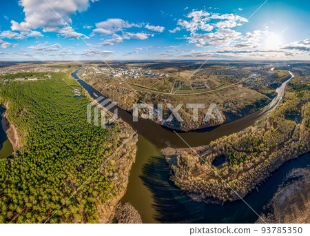 Confluence of the Iset and Kamenka rivers in the city Kamensk-Uralskiy. Iset and Kamenka rivers, Kamensk-Uralskiy, Sverdlovsk region, Ural mountains, Russia. Aerial view Confluence of the Iset and Kamenka rivers in the city Kamensk-Uralskiy. Iset and Kamenka rivers, Kamensk-Uralskiy, Sverdlovsk region, Ural mountains, Russia. Aerial view 93785350