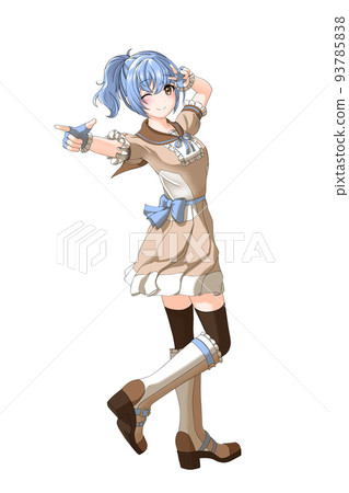 A girl with a blue ponytail wearing a school summer uniform (brown uniform). A girl with a blue ponytail wearing a school summer uniform (brown uniform). 93785838