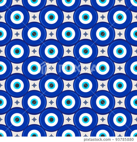 Evil eye ethnic pattern. Mystic greek blue amulet. Turkish traditional print. Symbol of protection. Vector seamless background. 93785880