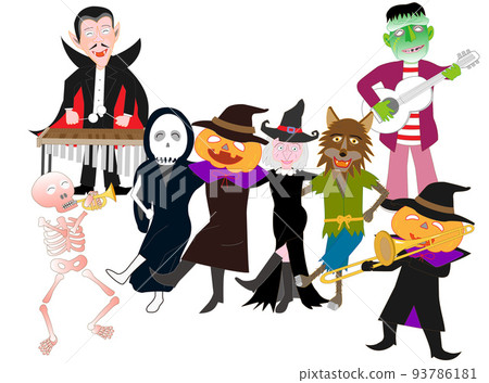 Witches and jack-o-lanterns celebrate Halloween by playing music and dancing. Witches and jack-o-lanterns celebrate Halloween by playing music and dancing. 93786181