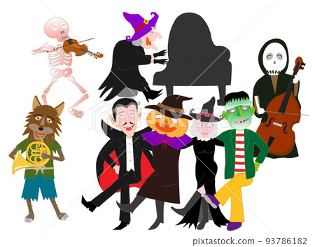 Witches and jack-o-lanterns celebrate Halloween by playing music and dancing. Witches and jack-o-lanterns celebrate Halloween by playing music and dancing. 93786182