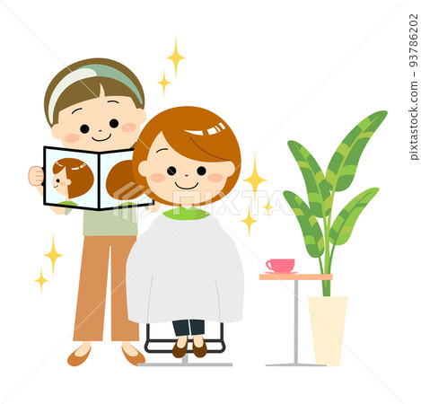 A woman checking the finish of a haircut by a hairdresser 93786202