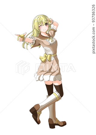 A girl with long yellow hair who wears a school summer uniform (brown uniform). 93786326